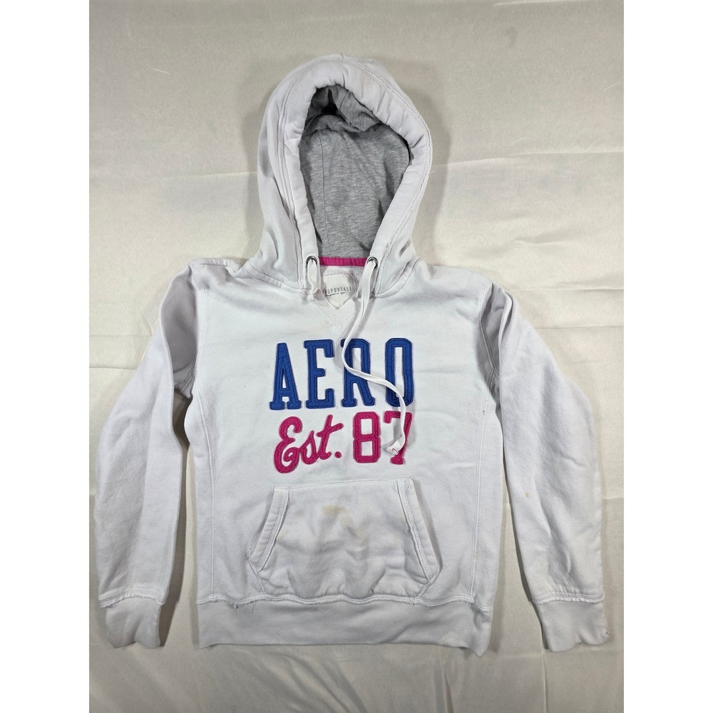 Aeropostale Womens White AERO Est 87 Graphic Pullover Hoodie Size Medium